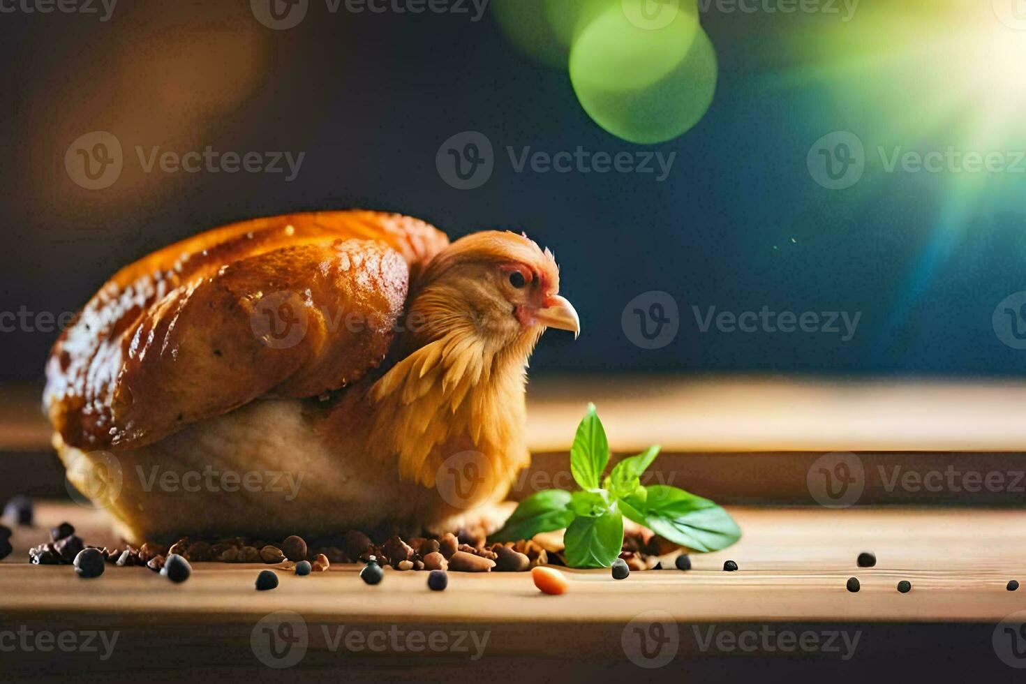 uma frango é sentado em uma mesa com especiarias. gerado por IA foto