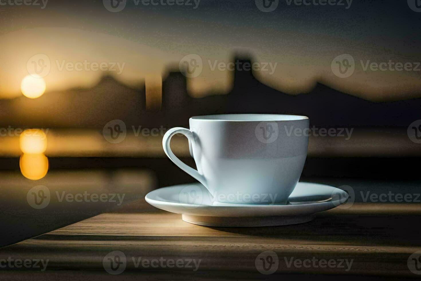 uma café copo senta em uma mesa com uma cidade dentro a fundo. gerado por IA foto