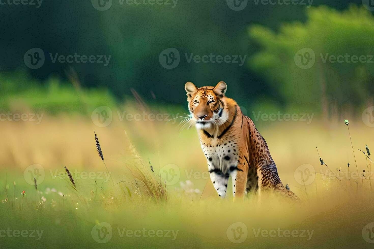 uma tigre é sentado dentro a Relva dentro a meio do uma campo. gerado por IA foto