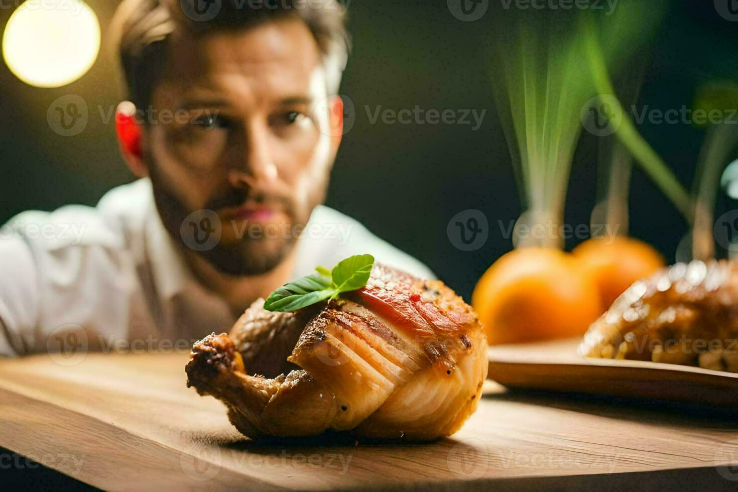 uma homem é olhando às uma frango em uma mesa. gerado por IA foto