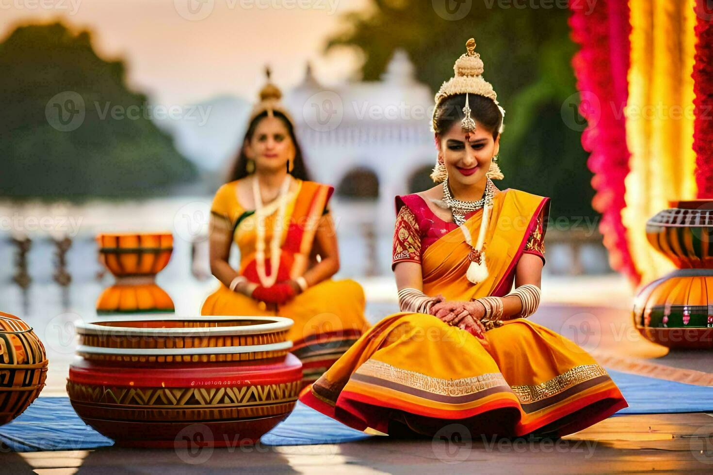 dois mulheres dentro tradicional indiano vestuário sentado em a chão. gerado por IA foto