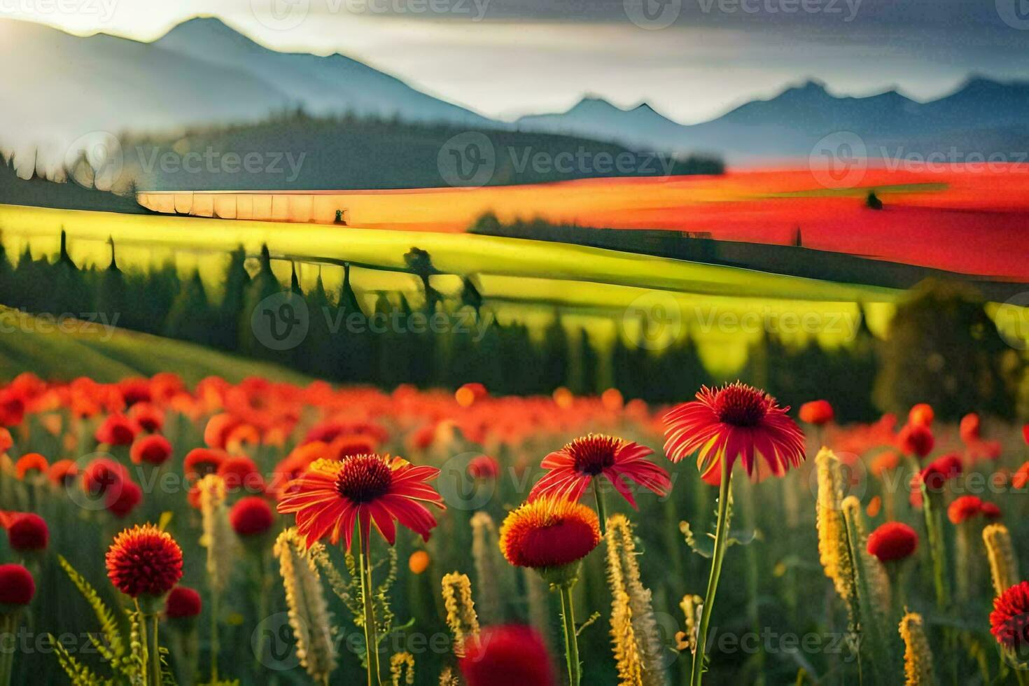 vermelho flores dentro uma campo com montanhas dentro a fundo. gerado por IA foto