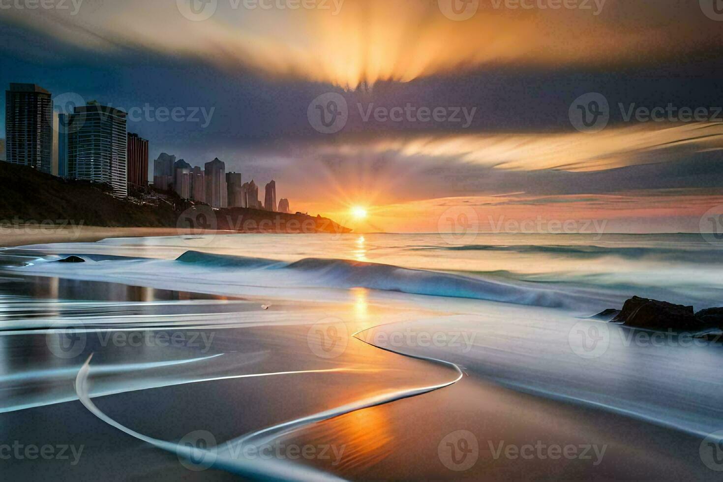 a Sol conjuntos sobre a oceano e edifícios dentro a fundo. gerado por IA foto