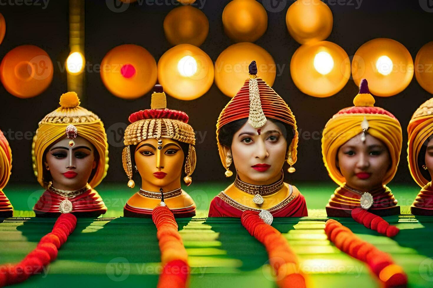 indiano mulheres dentro tradicional vestuário em uma verde mesa. gerado por IA foto