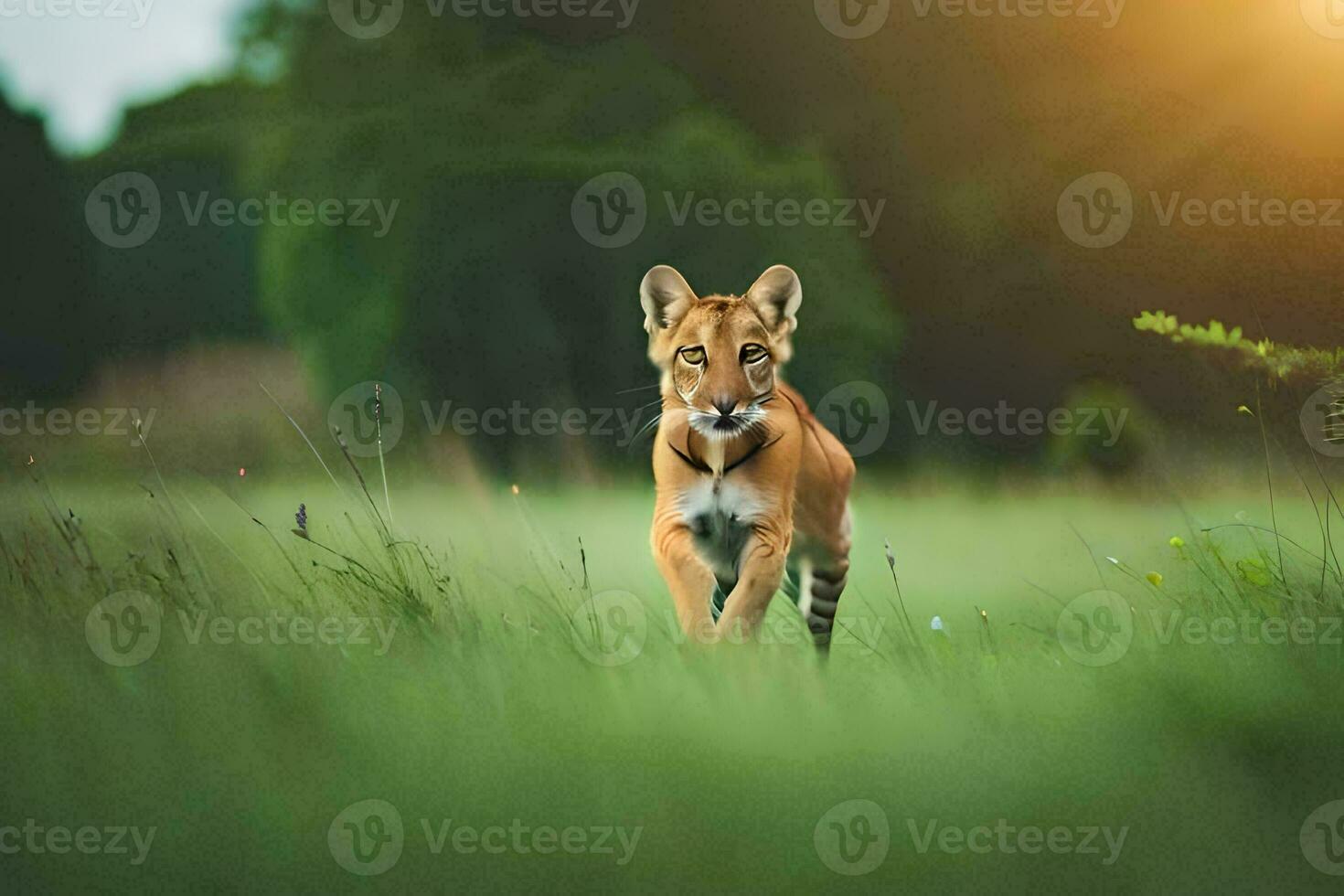 uma jovem leão é caminhando através uma campo. gerado por IA foto