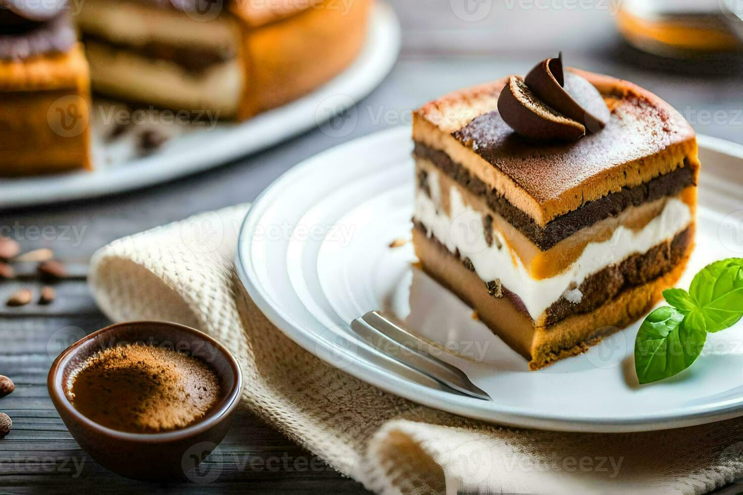 uma fatia do bolo com chocolate e café feijões. gerado por IA foto