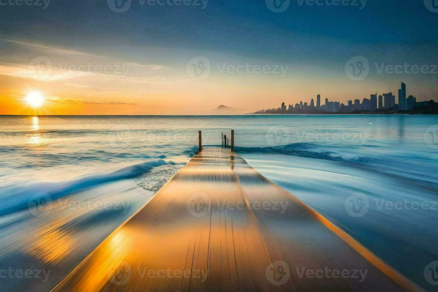 a Sol conjuntos sobre a cidade Horizonte Como a água fluxos para dentro a oceano. gerado por IA foto