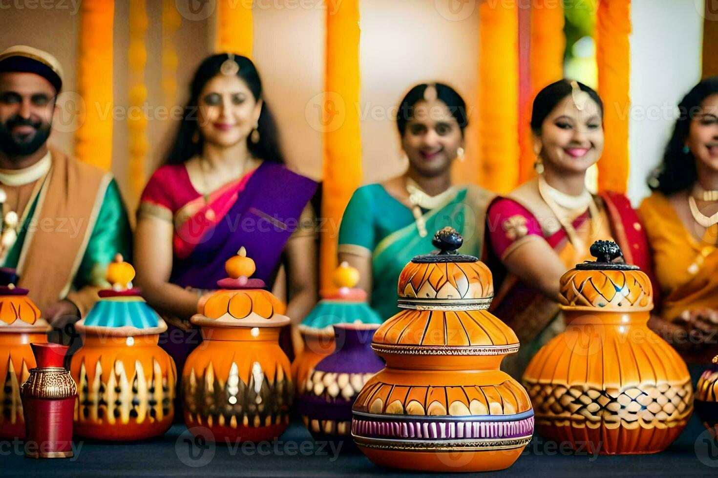 uma grupo do pessoas dentro sáris em pé por aí colorida vasos. gerado por IA foto