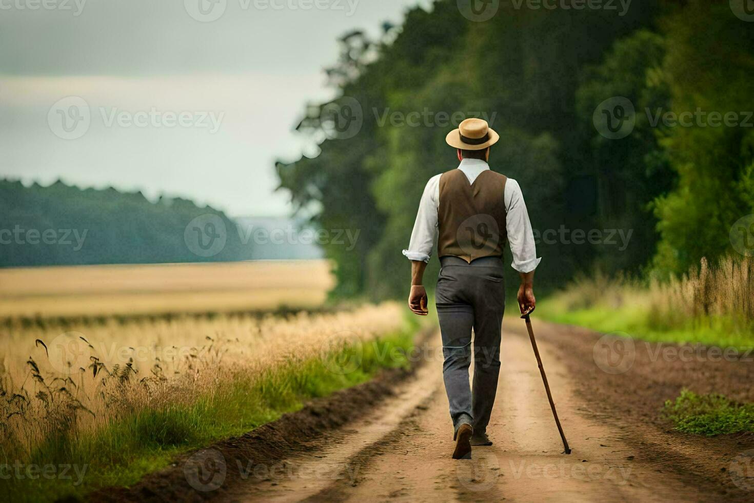 uma homem caminhando baixa uma sujeira estrada com uma bengala. gerado por IA foto