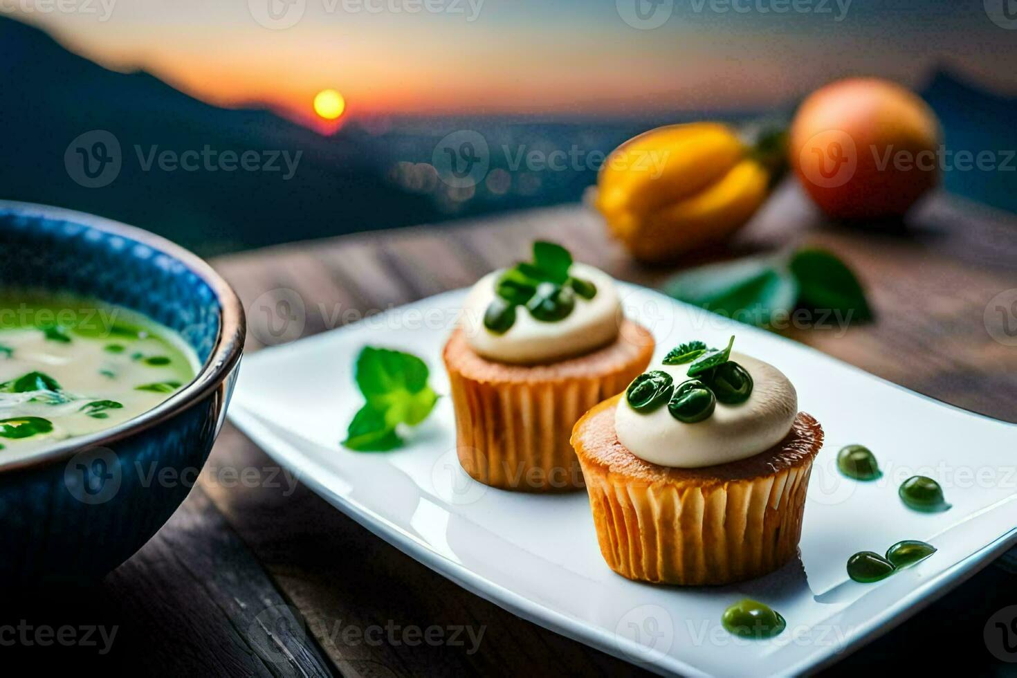 dois bolos de copo com creme e verde em uma placa. gerado por IA foto