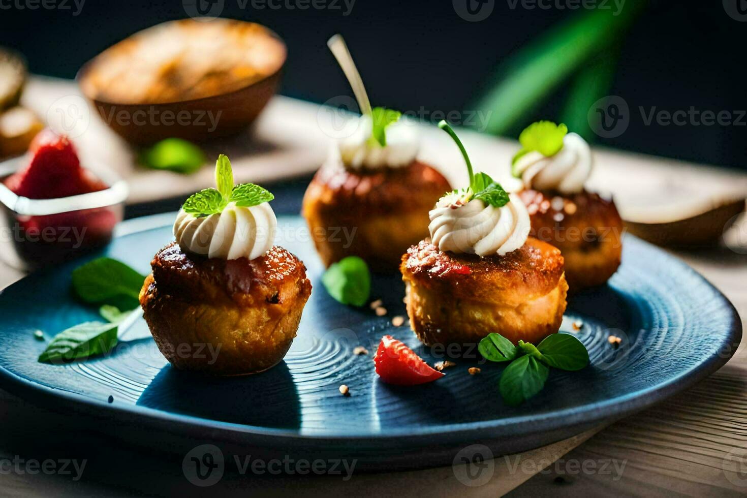 pequeno bolos com açoitado creme e morangos em uma azul placa. gerado por IA foto