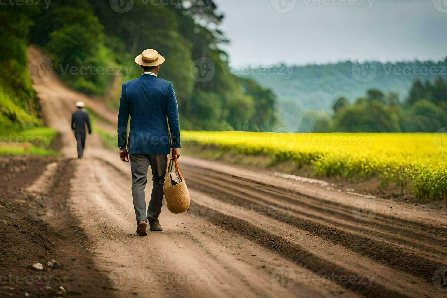 uma homem dentro uma terno e chapéu anda em baixa uma sujeira estrada. gerado por IA foto