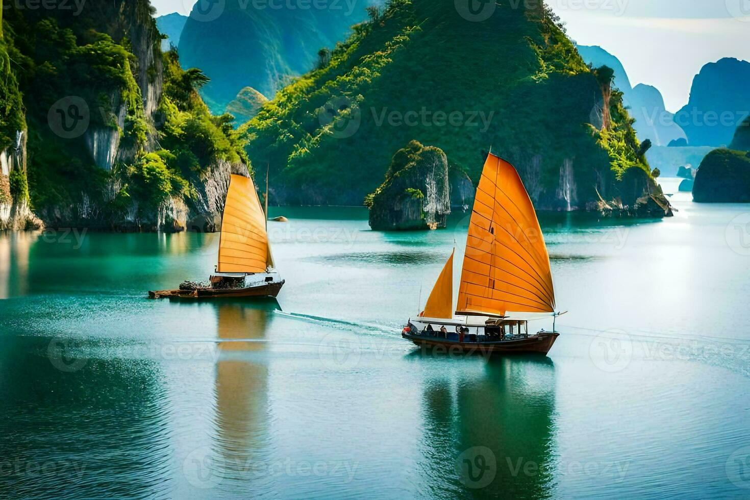dois barcos flutuando dentro a água perto montanhas. gerado por IA foto