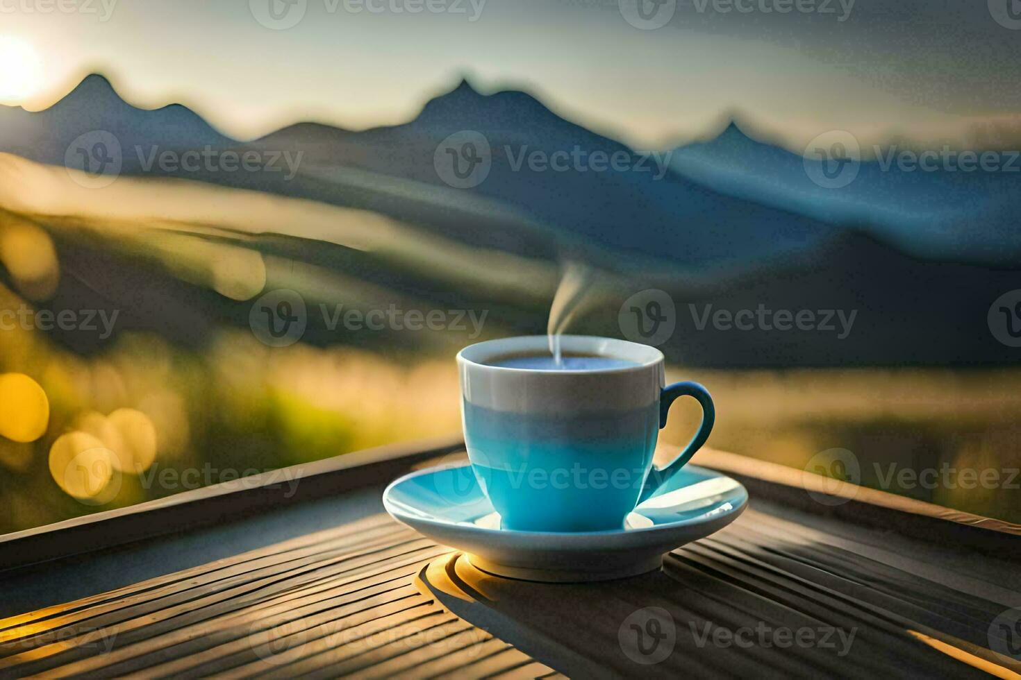 café copo em a mesa dentro a montanhas. gerado por IA foto