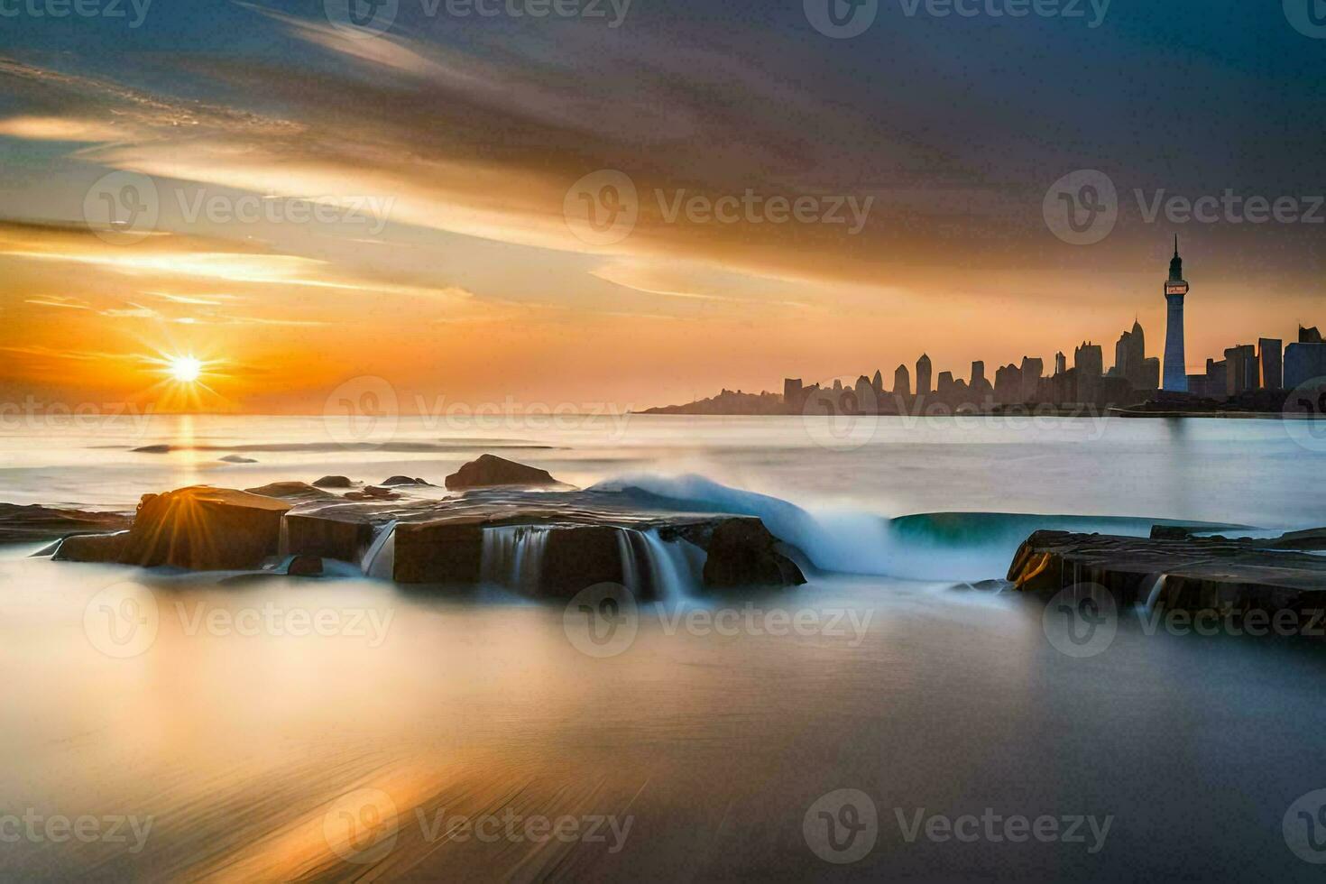 a Sol sobe sobre a cidade Horizonte dentro isto foto. gerado por IA foto