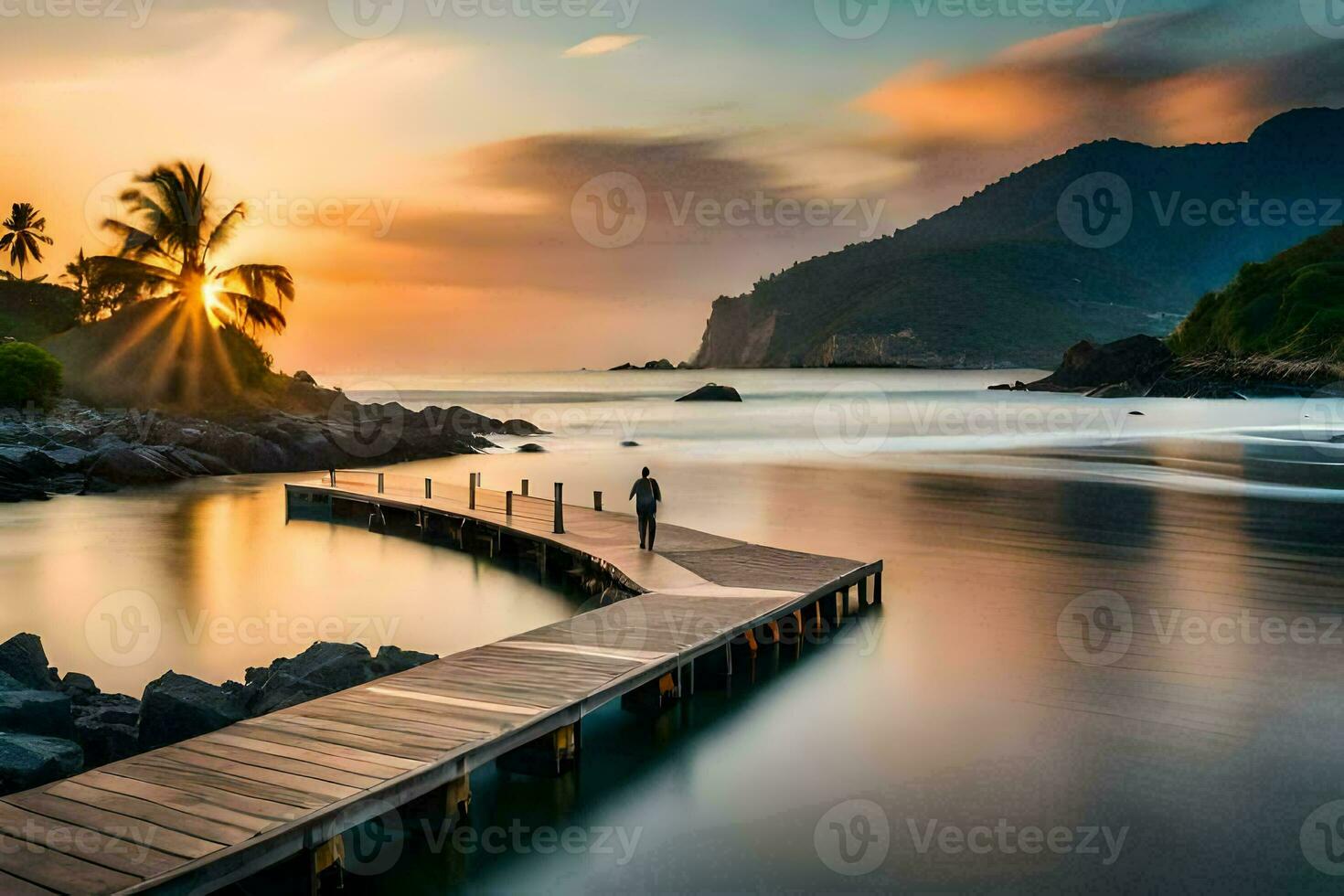 uma de madeira cais conduz para a oceano às pôr do sol. gerado por IA foto