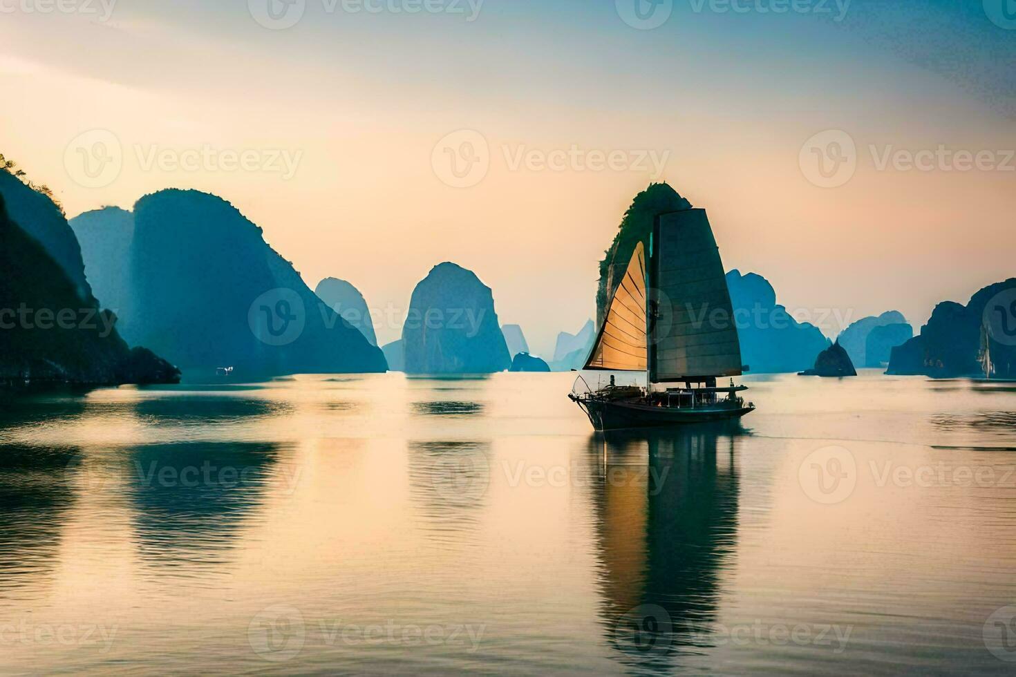 uma barco dentro a água perto alguns montanhas. gerado por IA foto