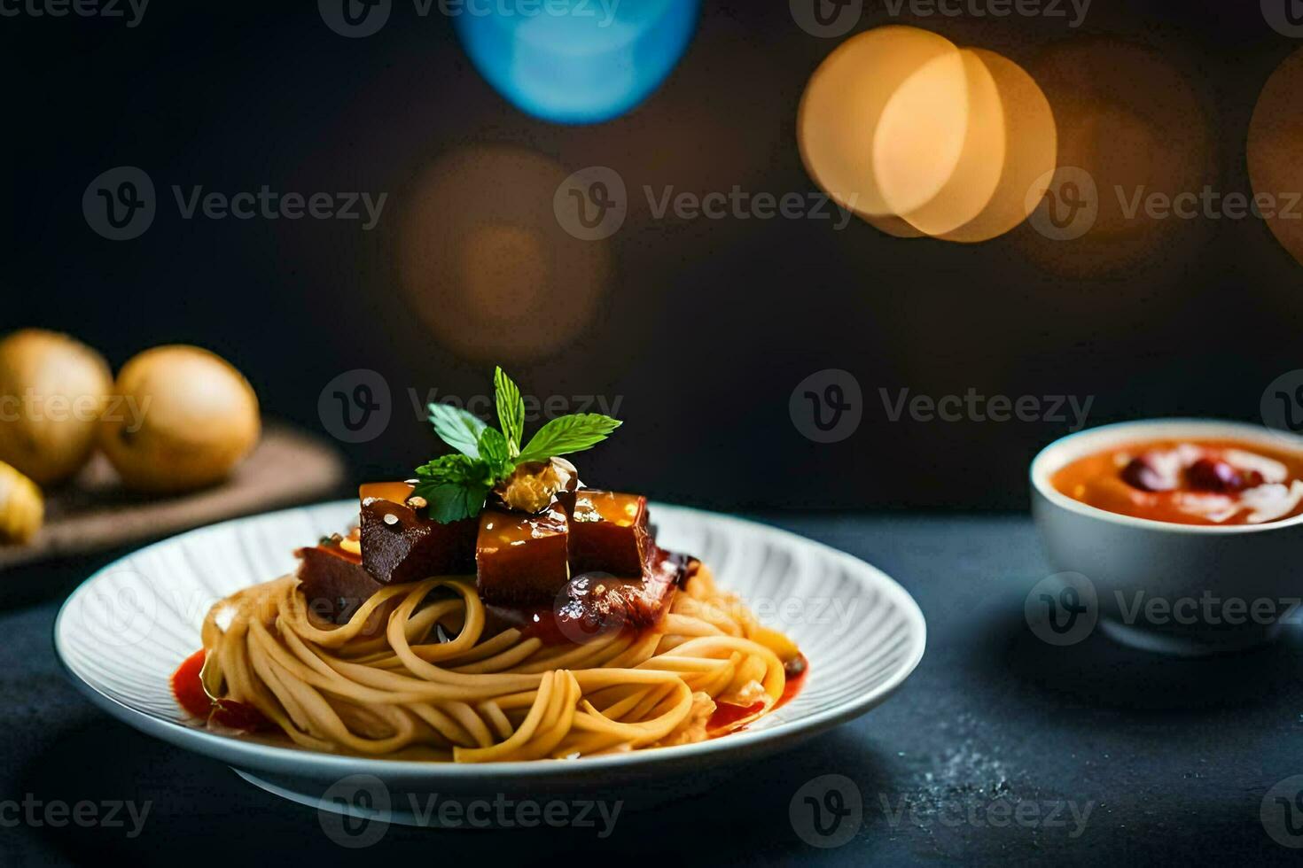 espaguete com carne e molho em uma placa. gerado por IA foto