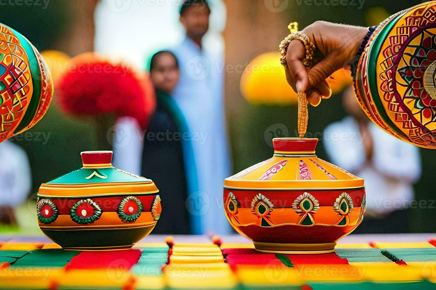 uma pessoa é derramando uma Panela do colori pintura em uma mesa. gerado por IA foto