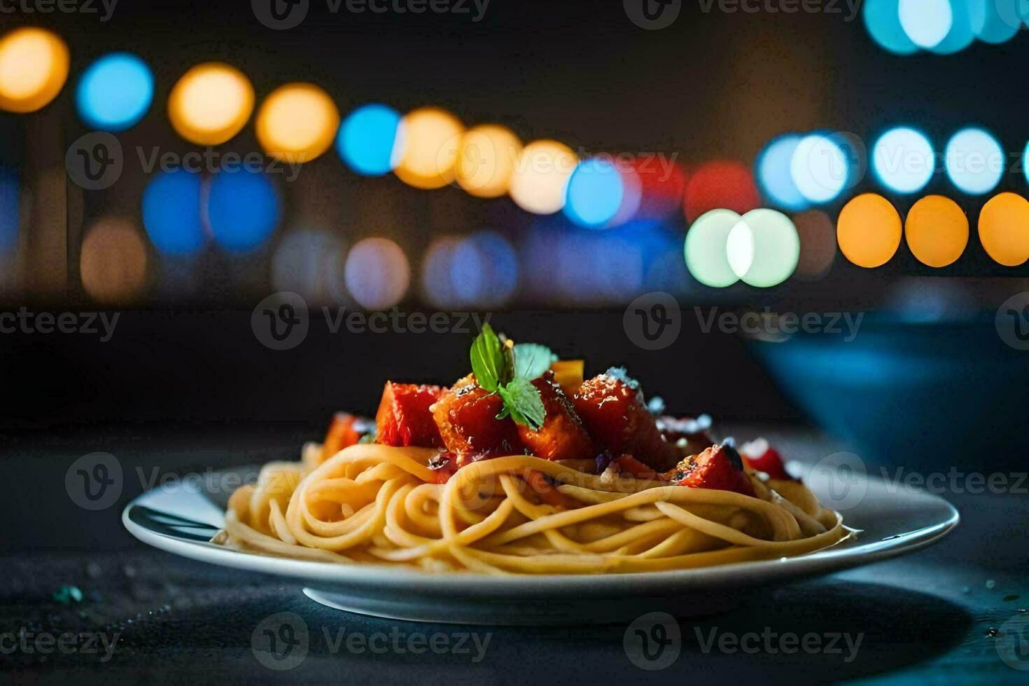 espaguete com tomate molho em uma placa. gerado por IA foto
