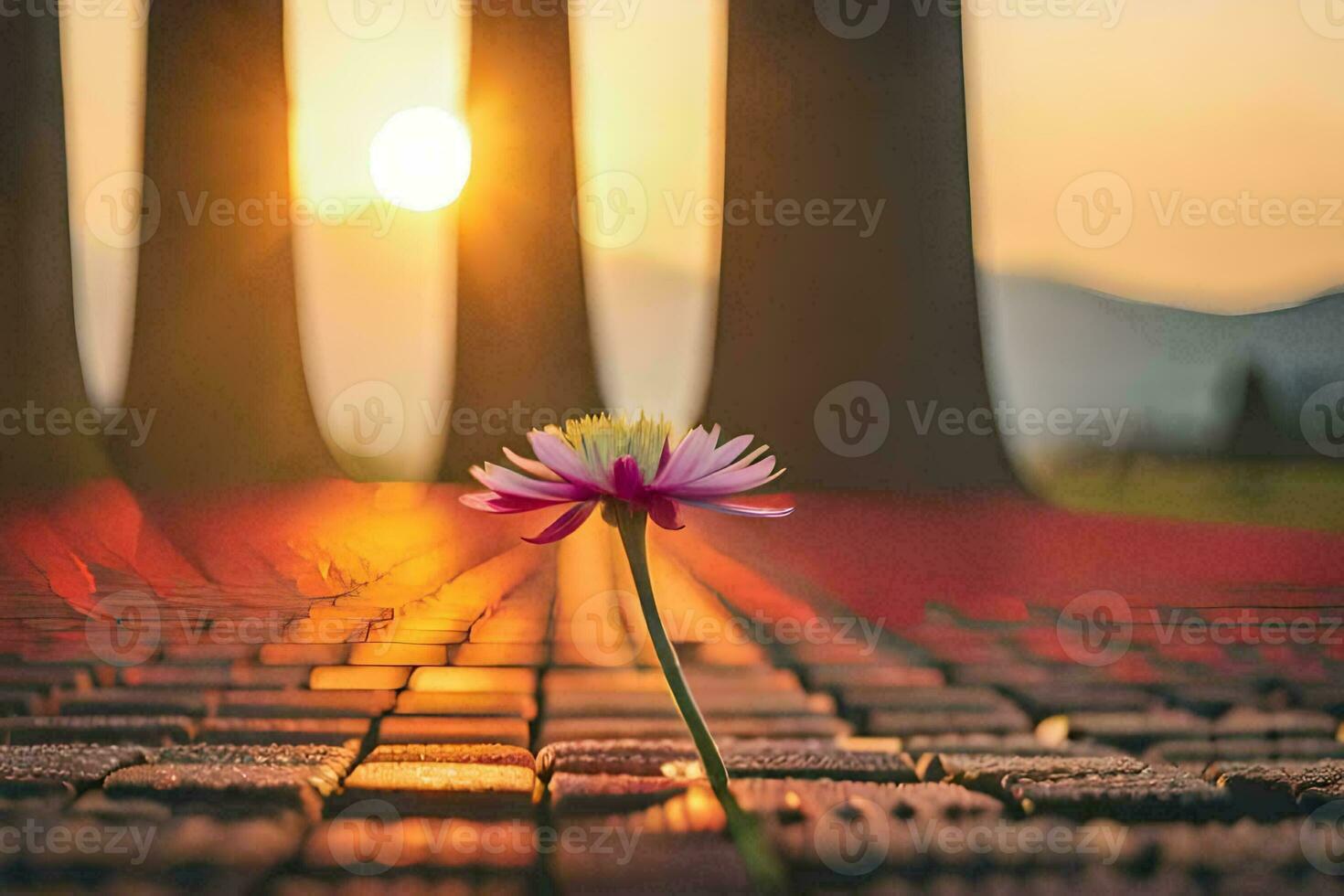 uma flor é em pé em uma tijolo caminho dentro frente do uma pôr do sol. gerado por IA foto