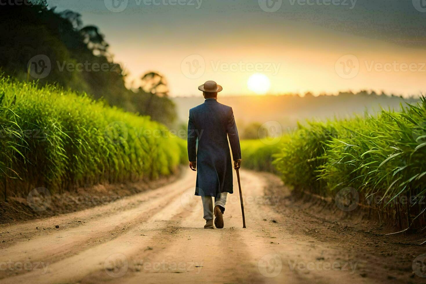 uma homem caminhando baixa uma sujeira estrada com bengala dentro mão. gerado por IA foto