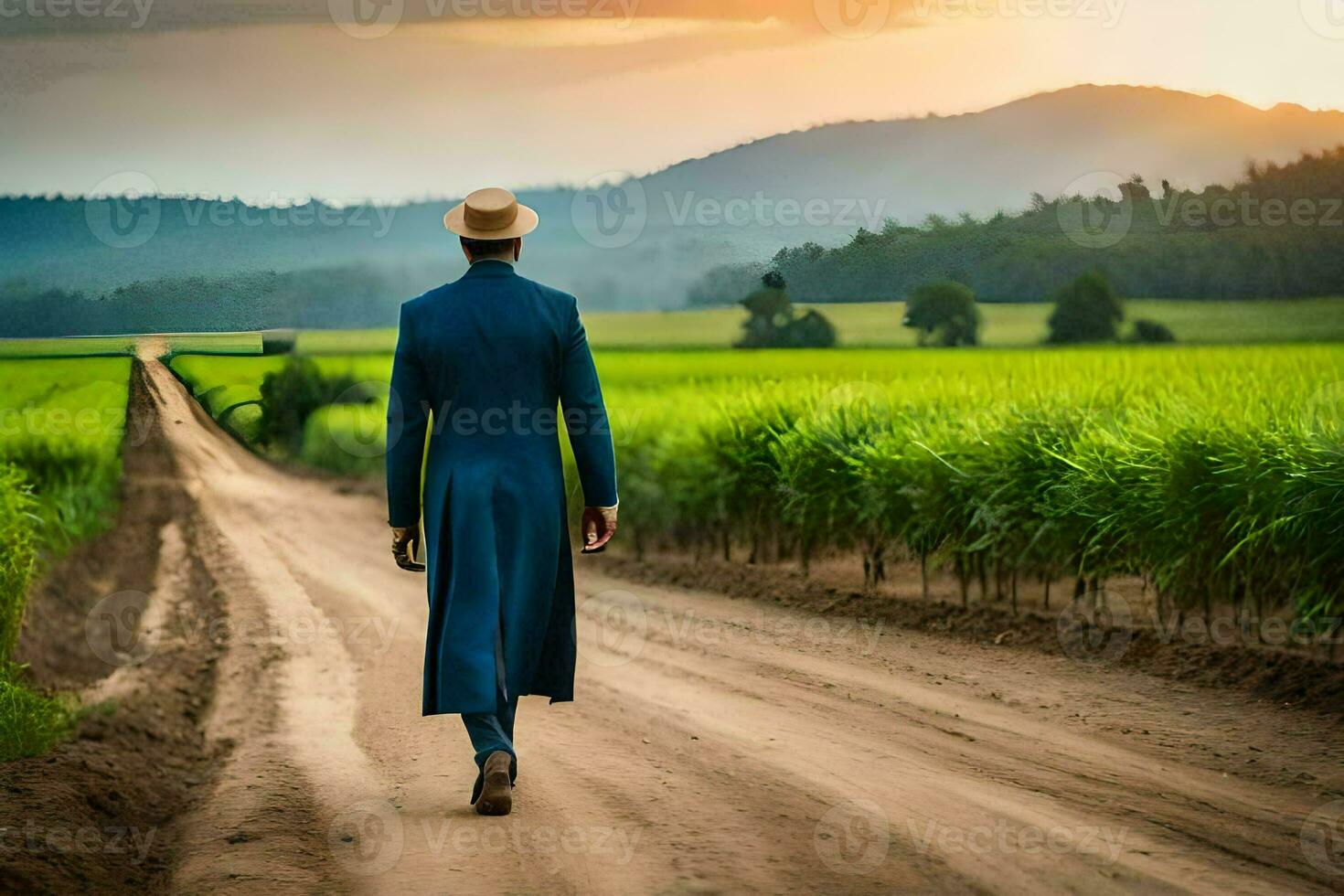 uma homem dentro uma azul terno anda em baixa uma sujeira estrada. gerado por IA foto