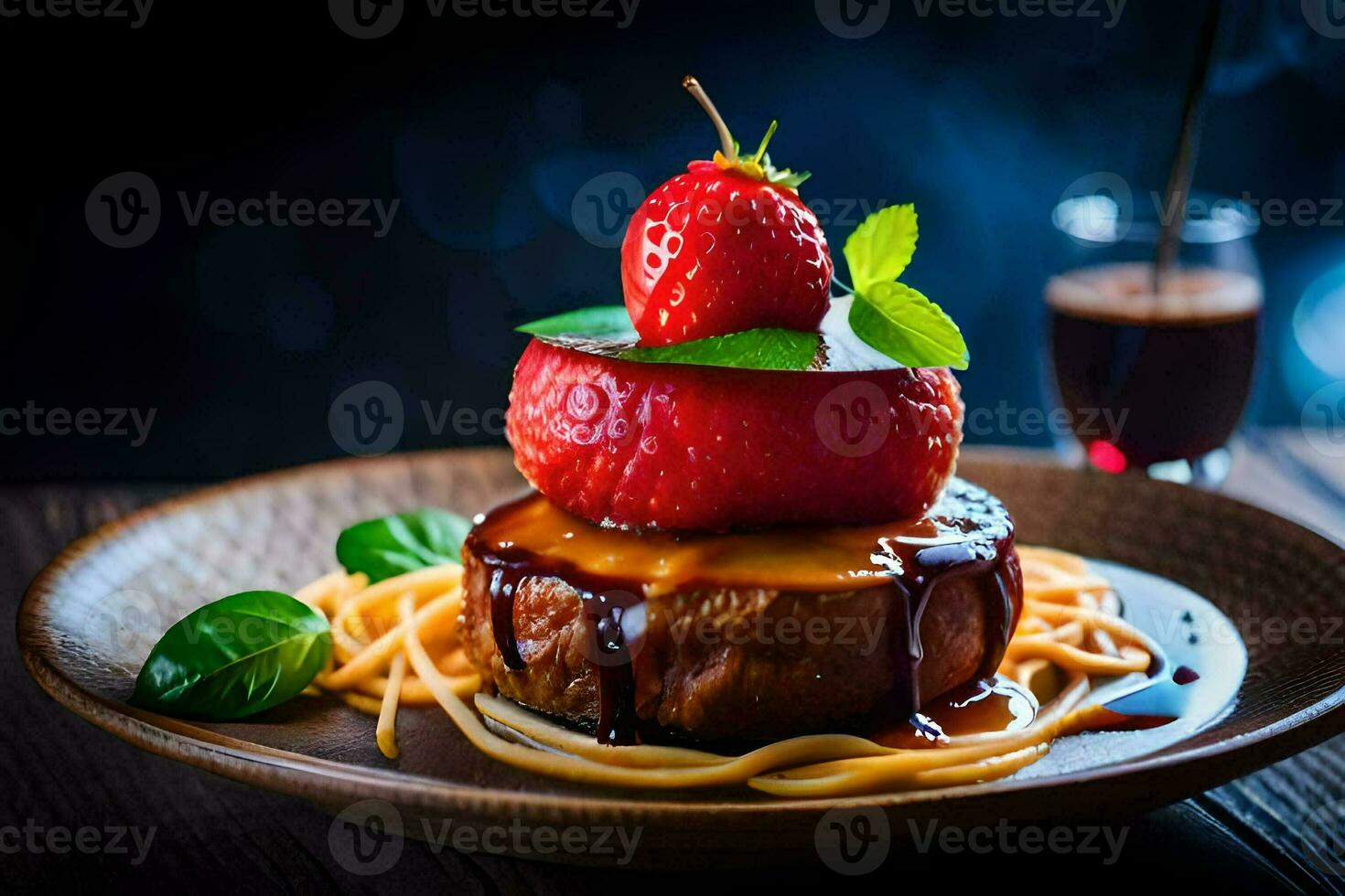 uma prato com uma bife, uma morango e espaguete em isto. gerado por IA foto