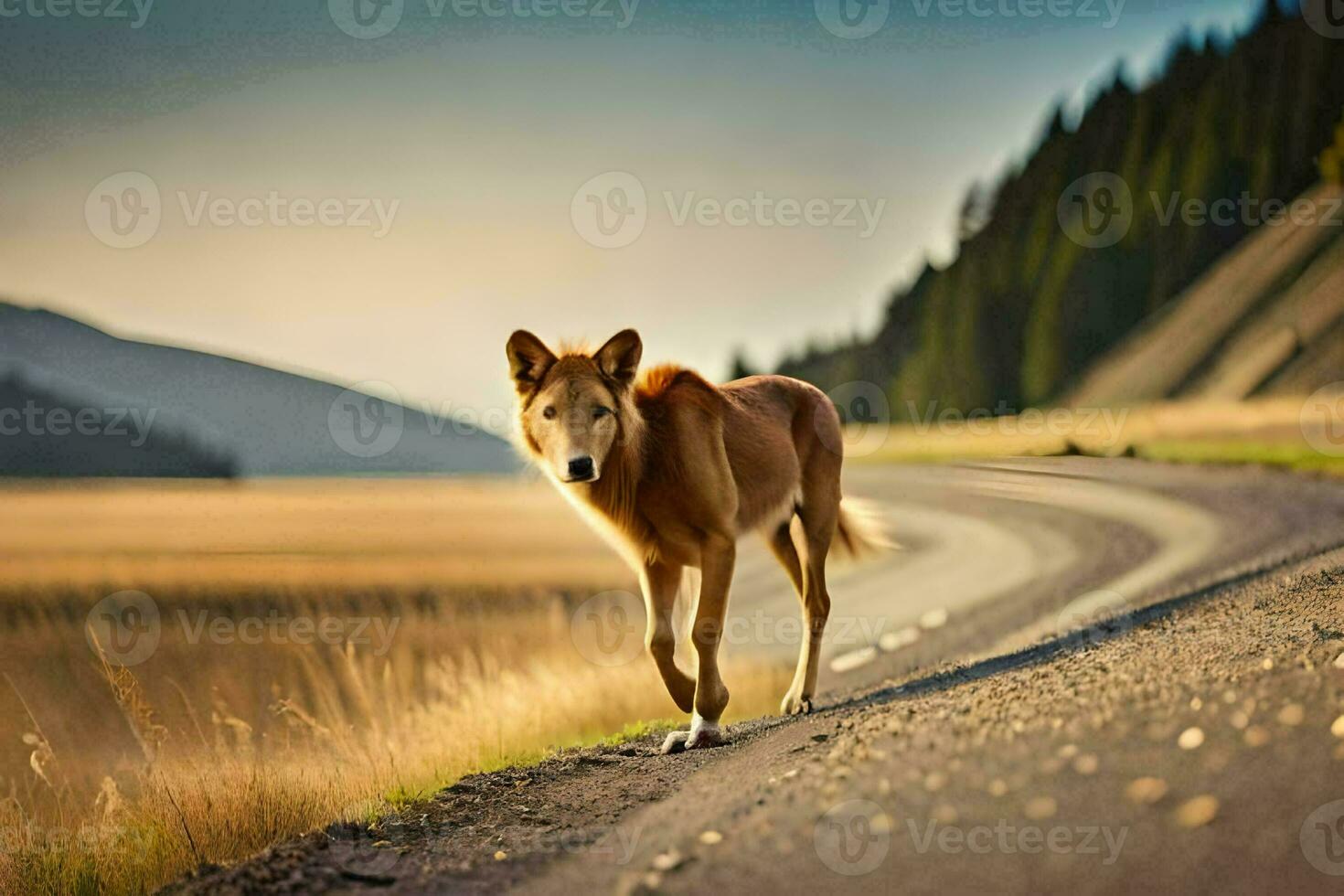 uma cachorro caminhando em a estrada dentro a meio do uma campo. gerado por IA foto