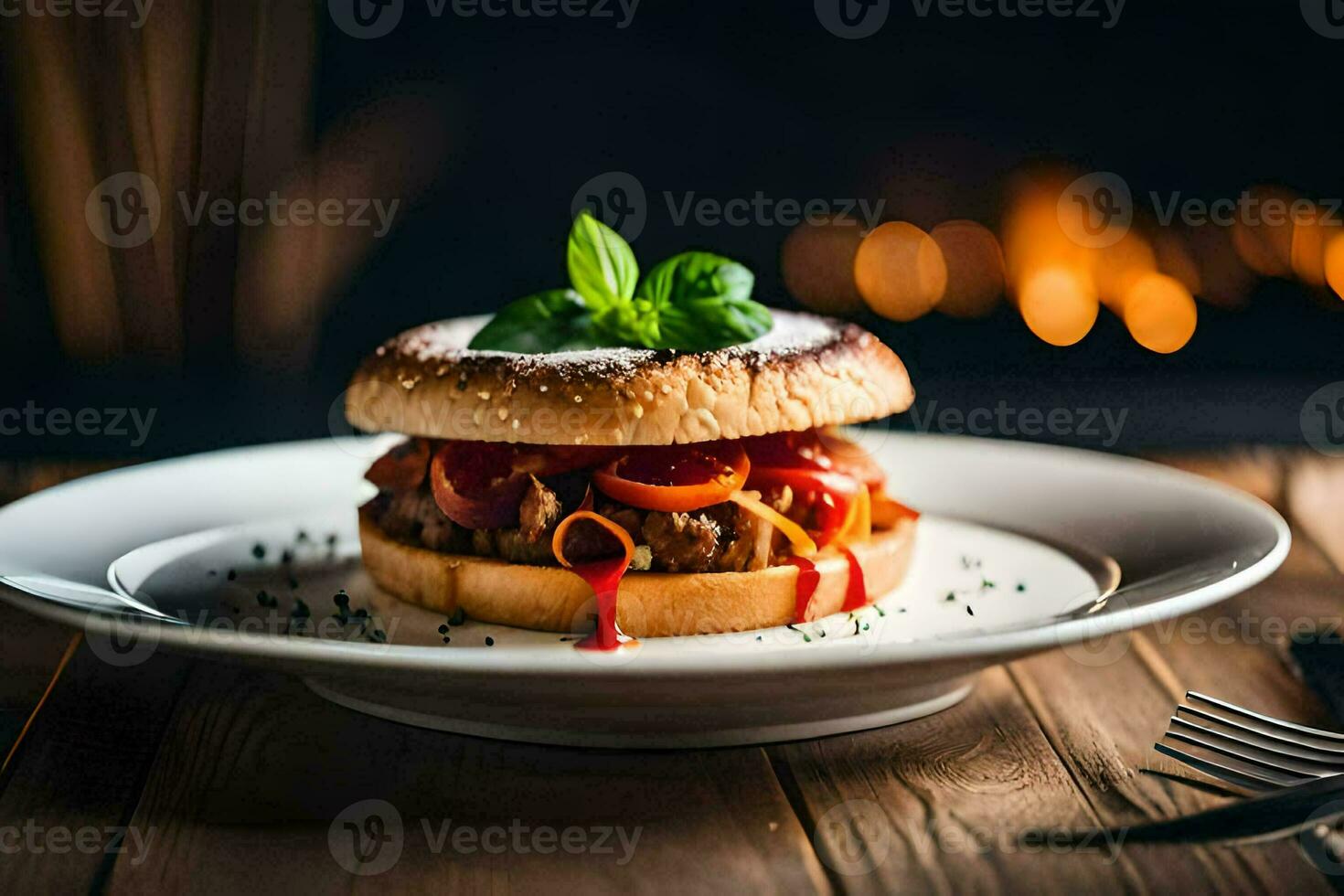 uma Hamburger com molho e queijo em uma branco placa. gerado por IA foto