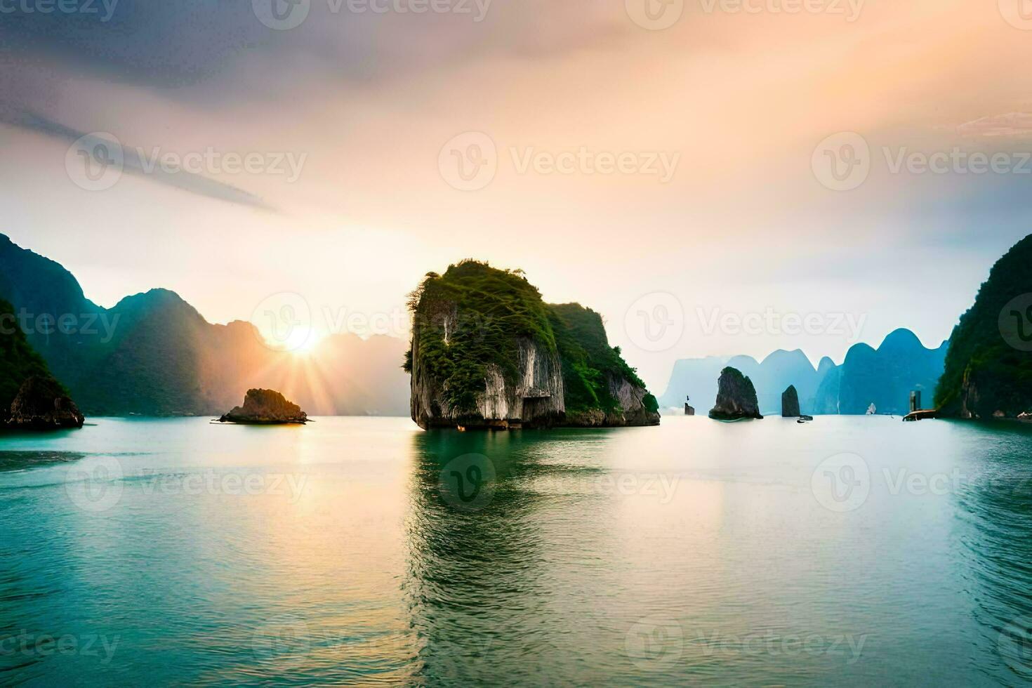 a Sol conjuntos sobre a água dentro Halong baía, Vietnã. gerado por IA foto