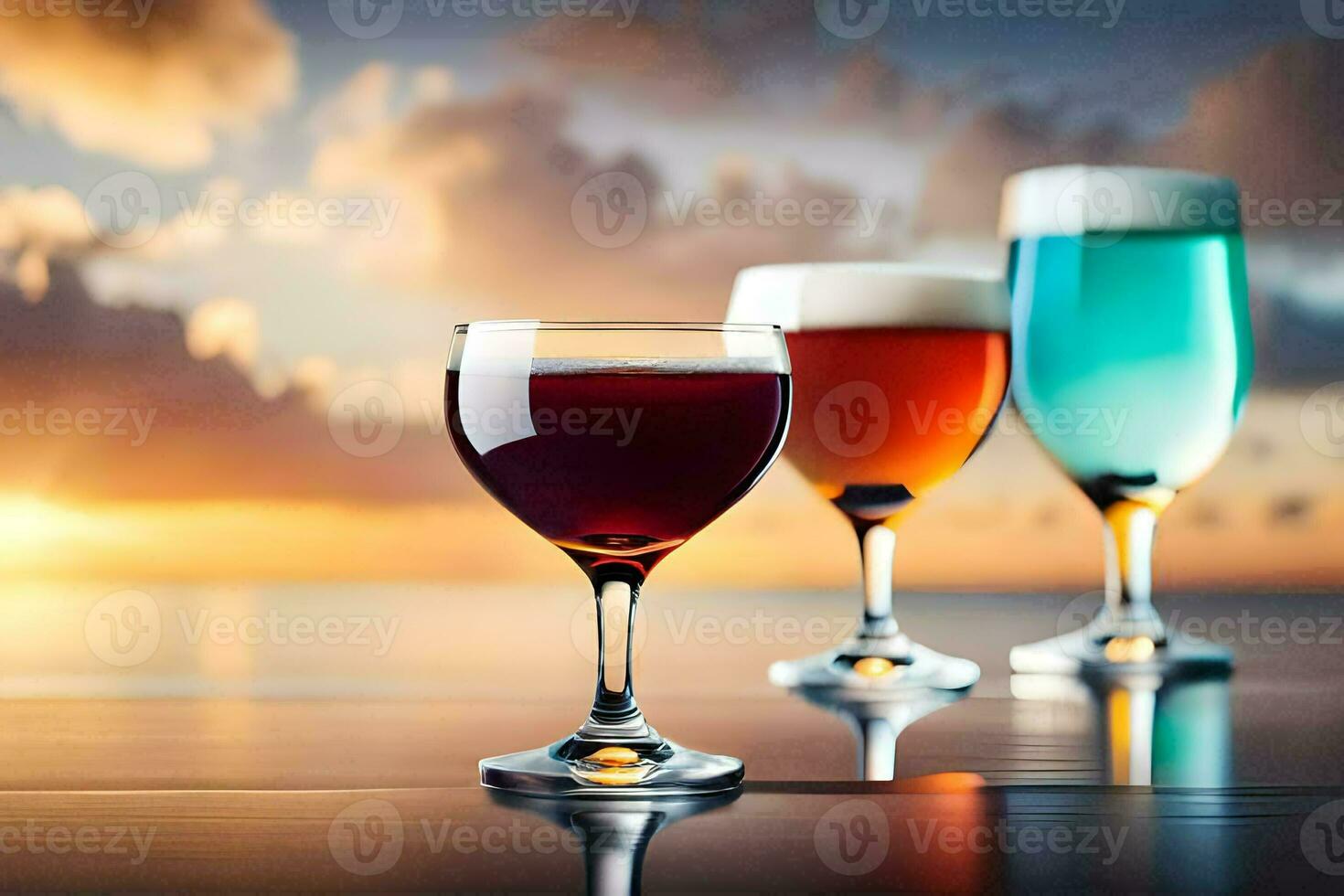 três óculos do vinho em uma mesa com pôr do sol dentro a fundo. gerado por IA foto