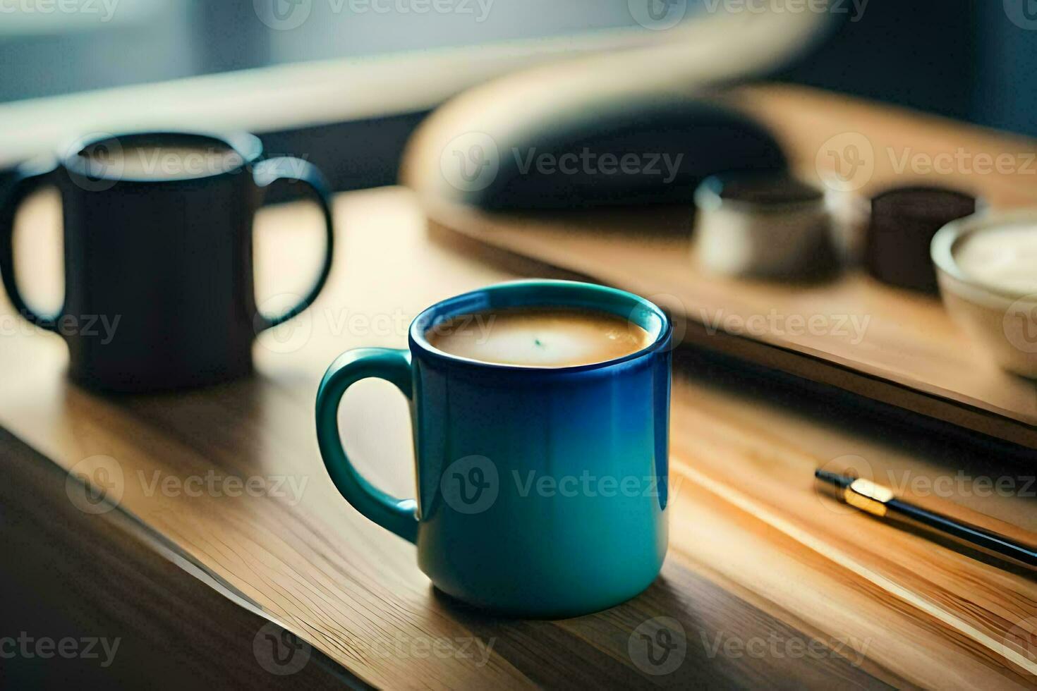 uma azul café caneca em uma de madeira mesa. gerado por IA foto