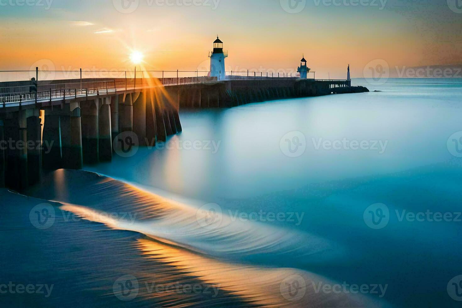 uma grandes exposição fotografia do uma cais às pôr do sol. gerado por IA foto