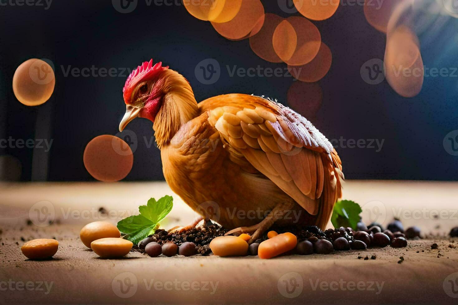 uma frango é sentado em uma mesa com feijões e nozes. gerado por IA foto