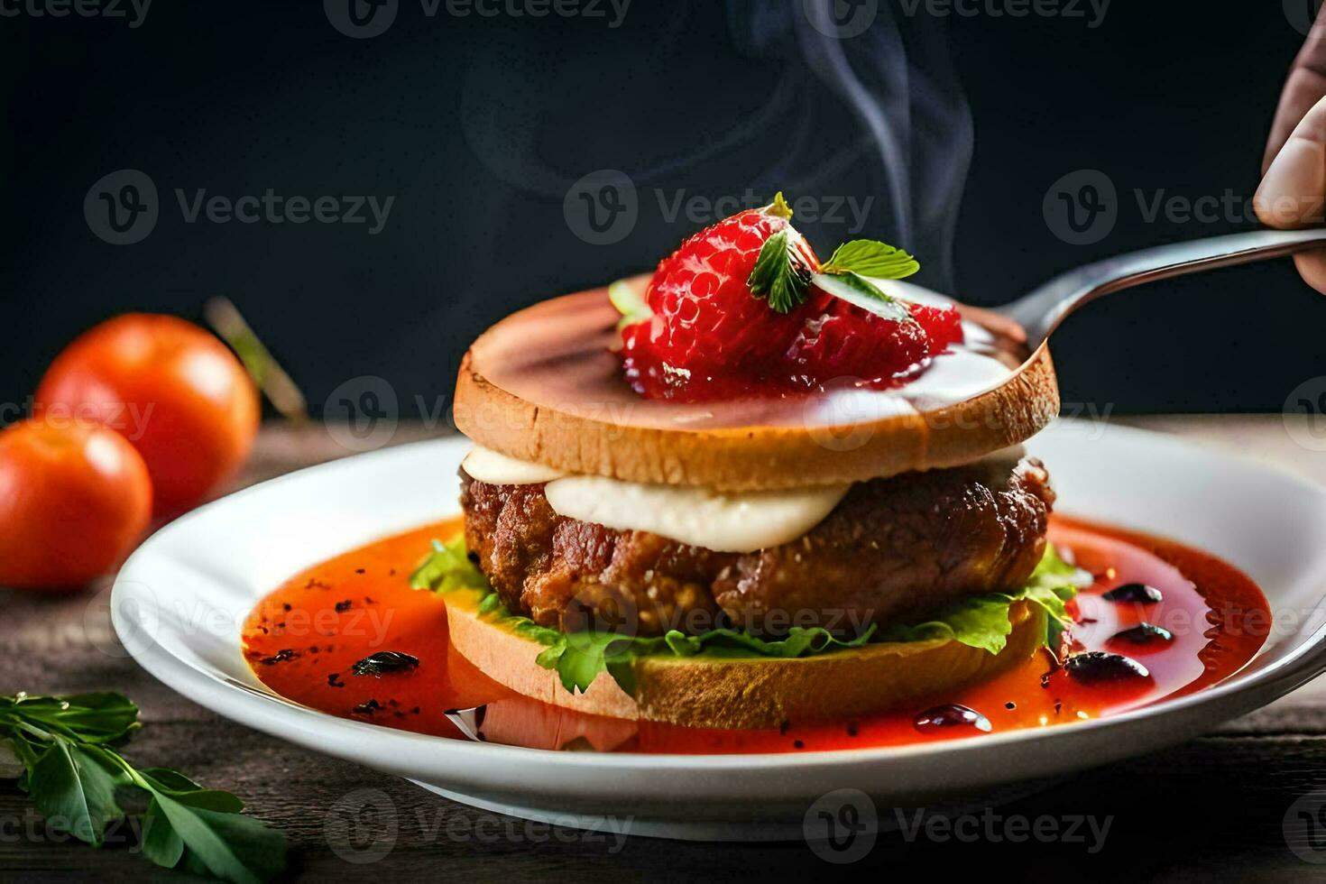 uma pessoa é segurando uma hamburguer com molho e morangos. gerado por IA foto