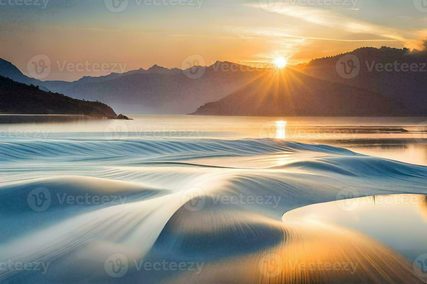 a Sol sobe sobre uma lago e ondas. gerado por IA foto