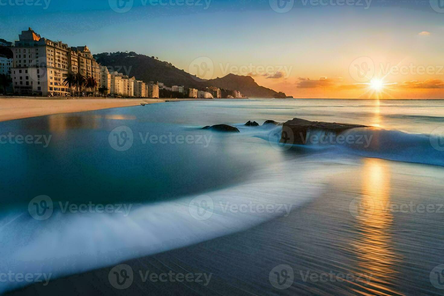 a Sol sobe sobre a de praia e edifícios dentro rio. gerado por IA foto