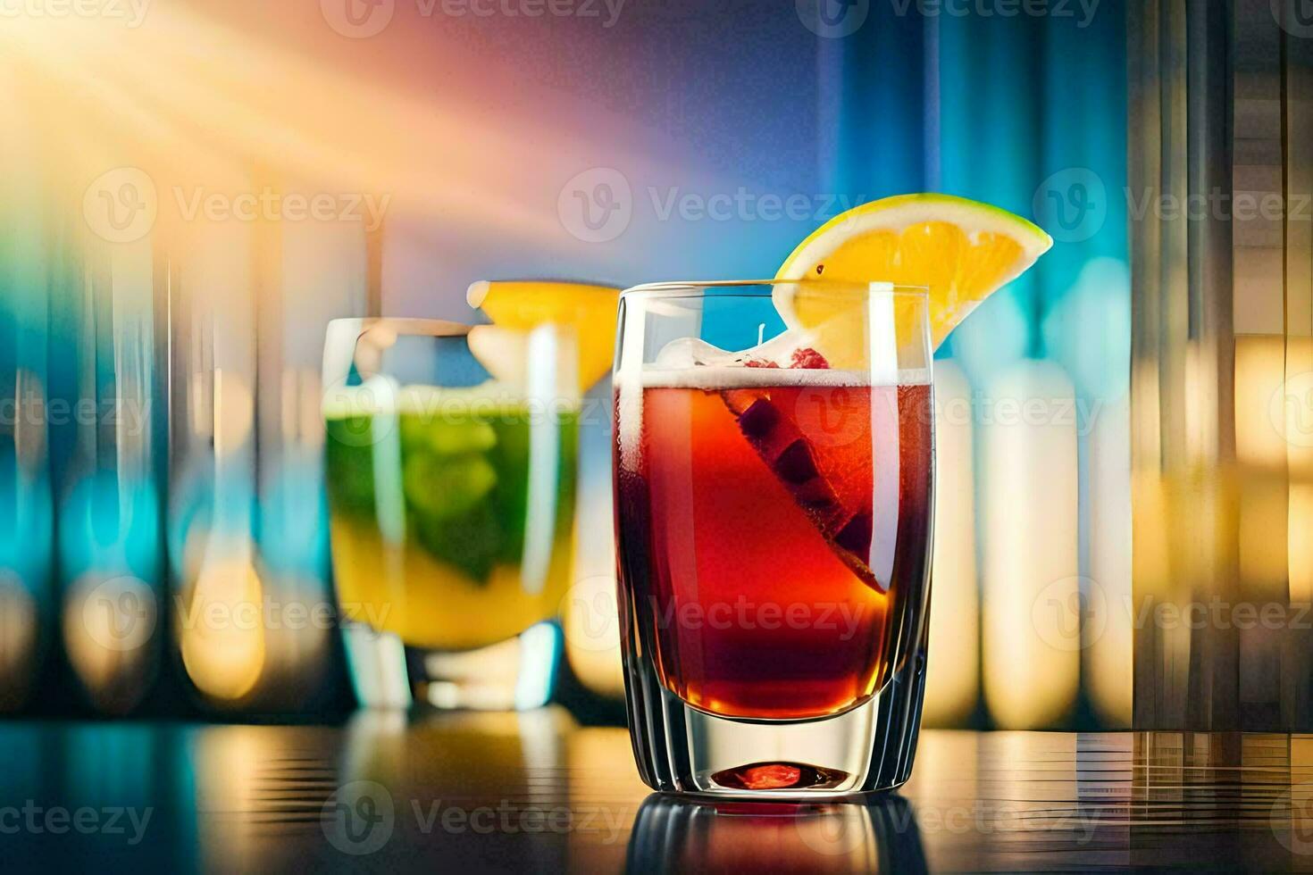 dois óculos do coquetéis com colorida bebidas em uma mesa. gerado por IA foto