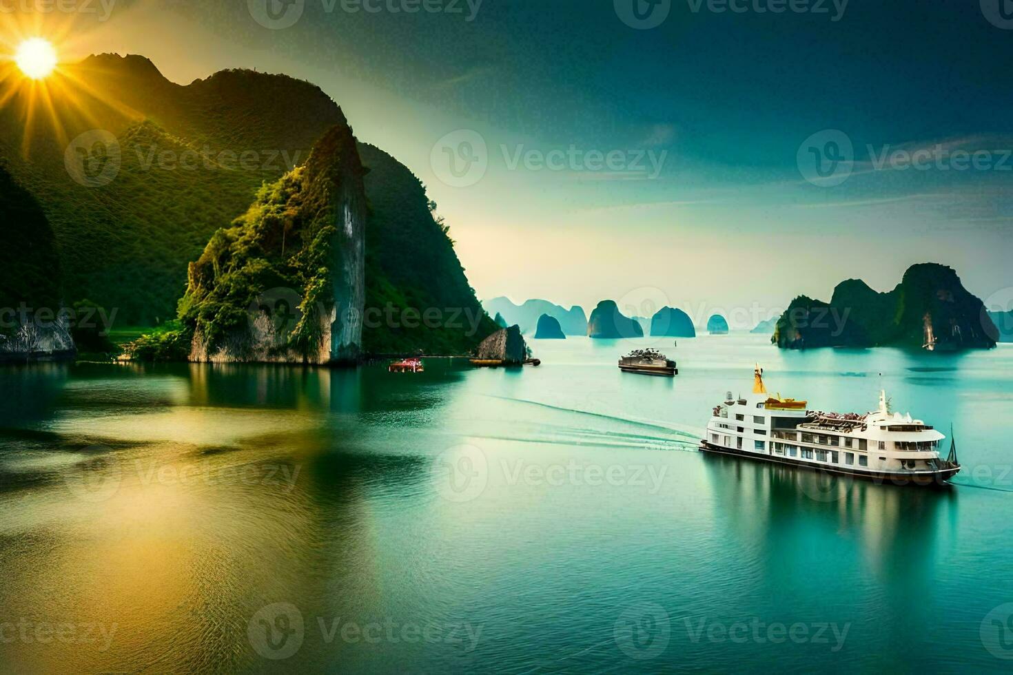 uma barco viaja através a água perto montanhas. gerado por IA foto