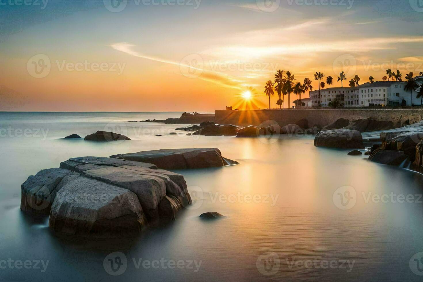 a Sol conjuntos sobre a oceano e pedras. gerado por IA foto