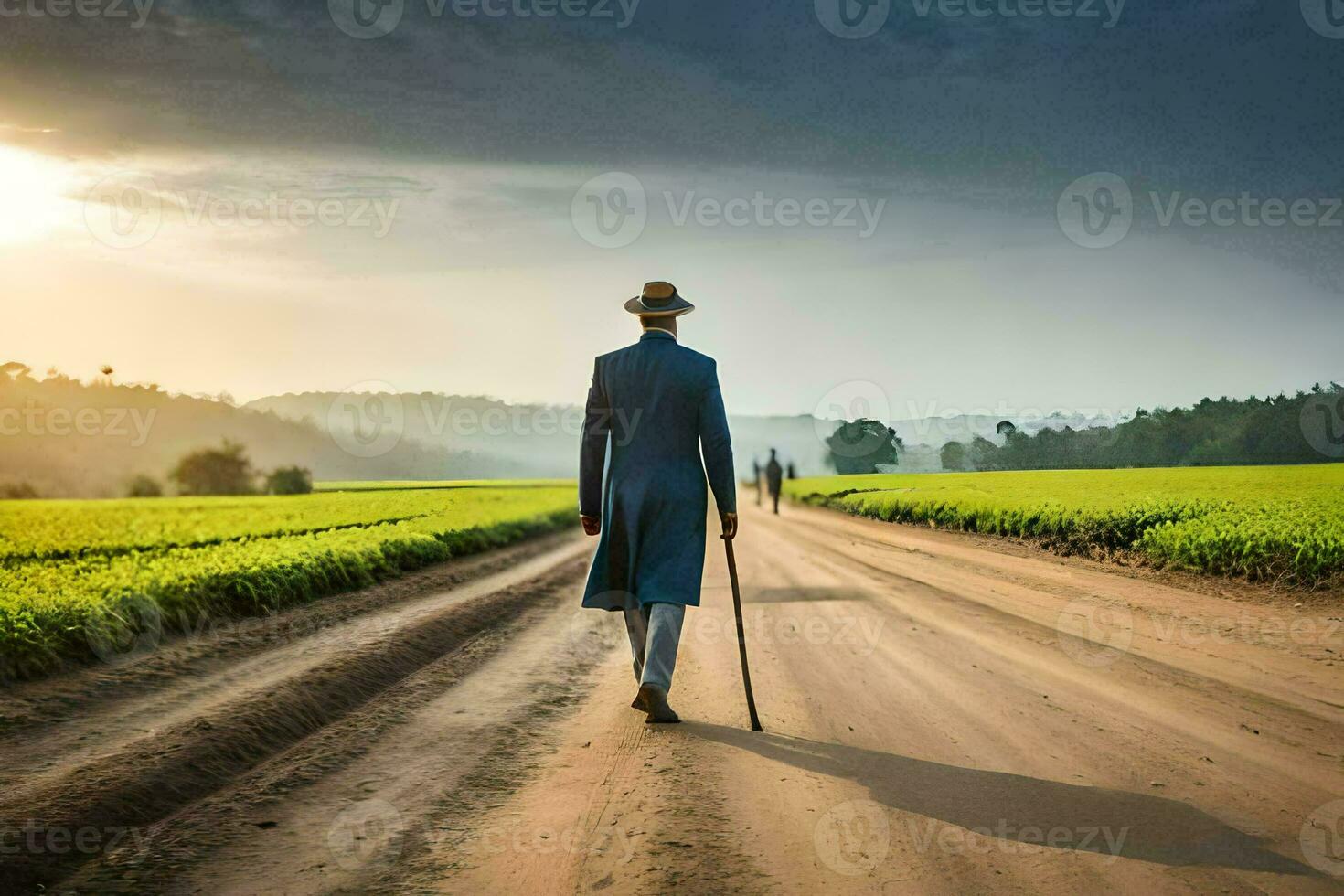 uma homem dentro uma terno anda em baixa uma sujeira estrada. gerado por IA foto