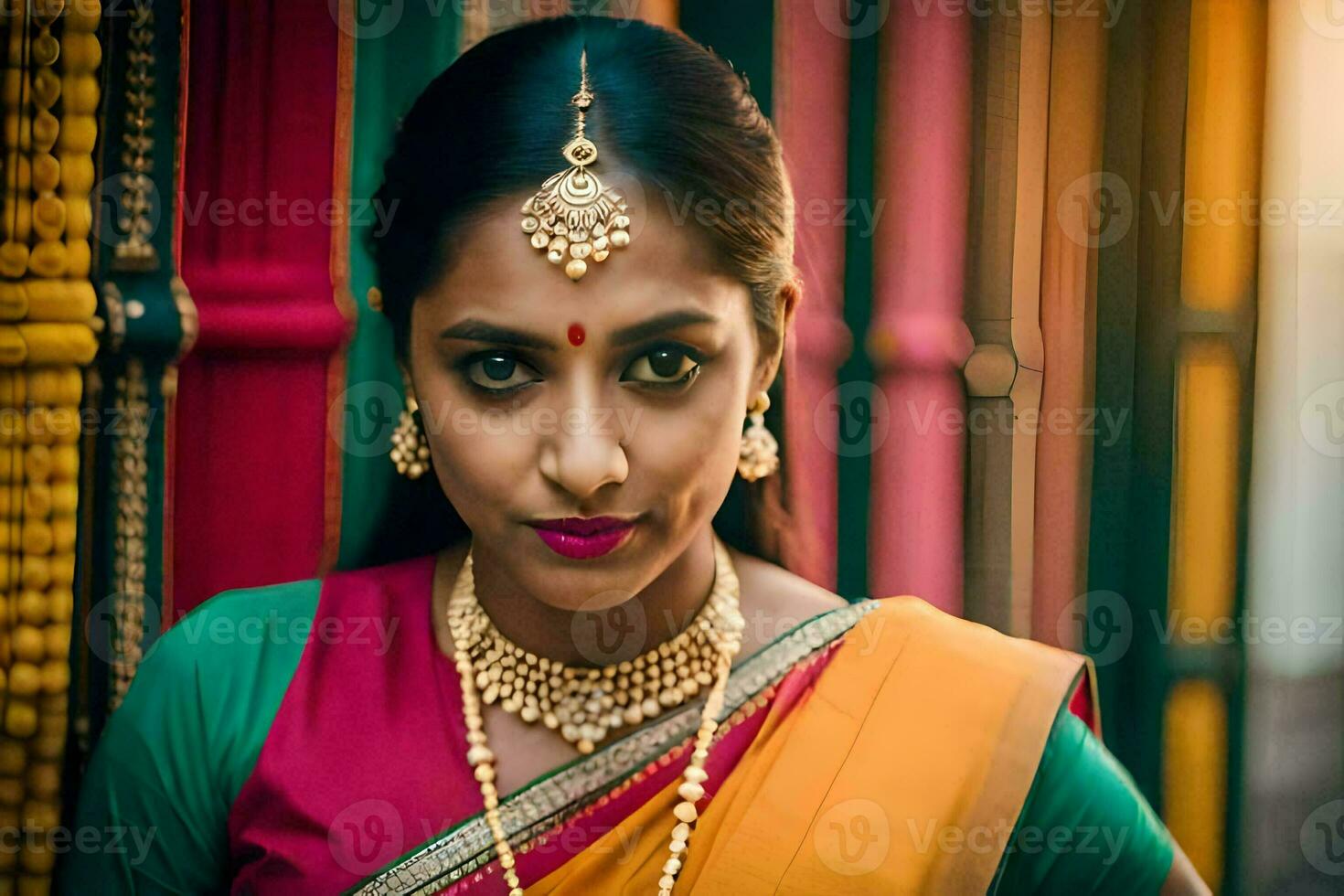 uma lindo indiano mulher vestindo uma colorida sári. gerado por IA foto