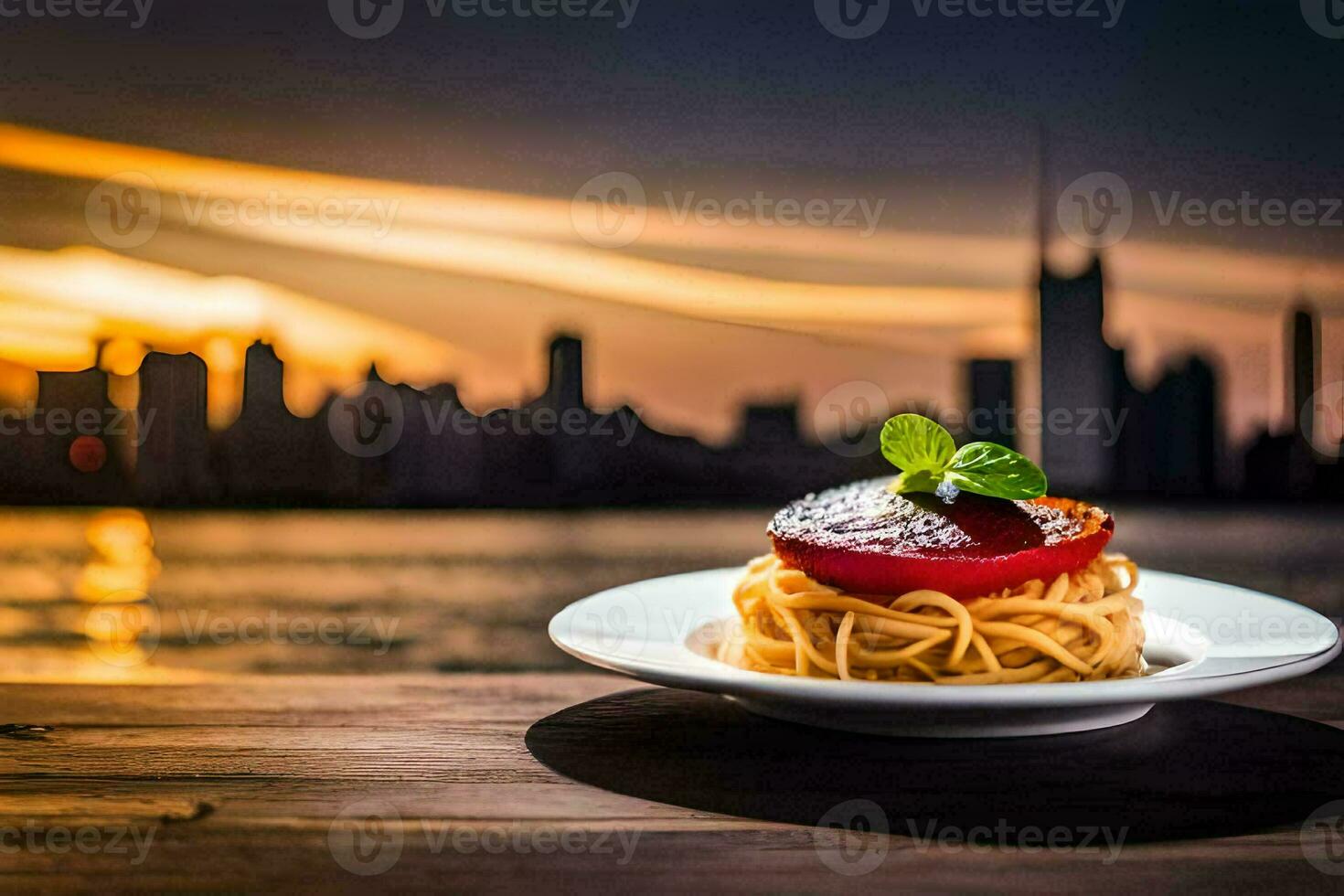 uma prato do espaguete com tomate e manjericão em uma de madeira mesa dentro frente do a cidade Horizonte. gerado por IA foto