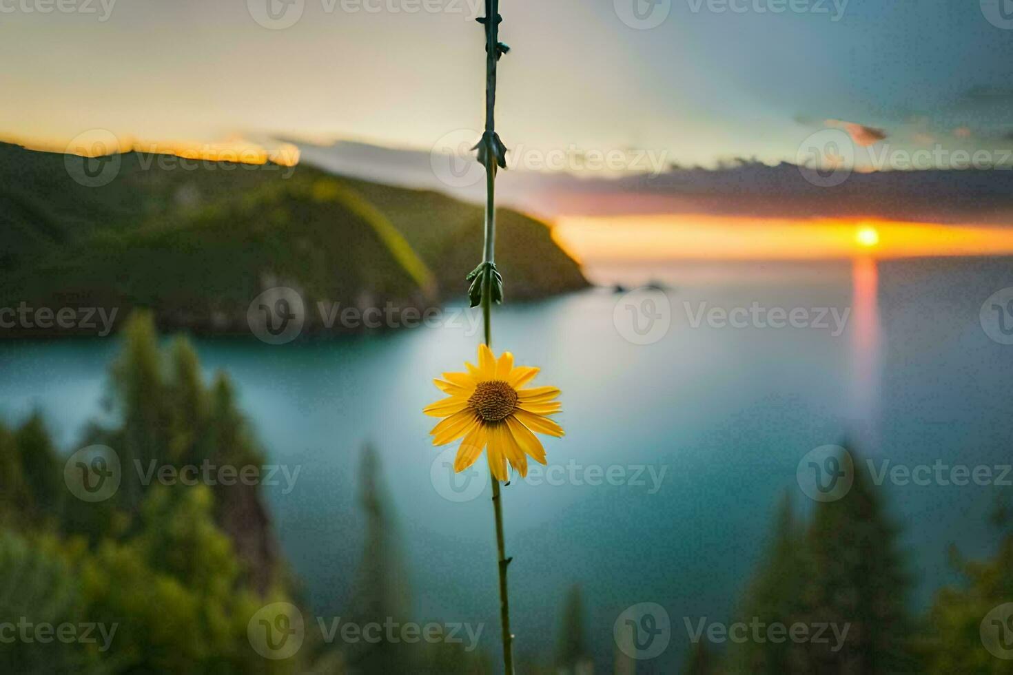 uma solteiro amarelo flor é suspensão a partir de uma videira sobre a oceano. gerado por IA foto