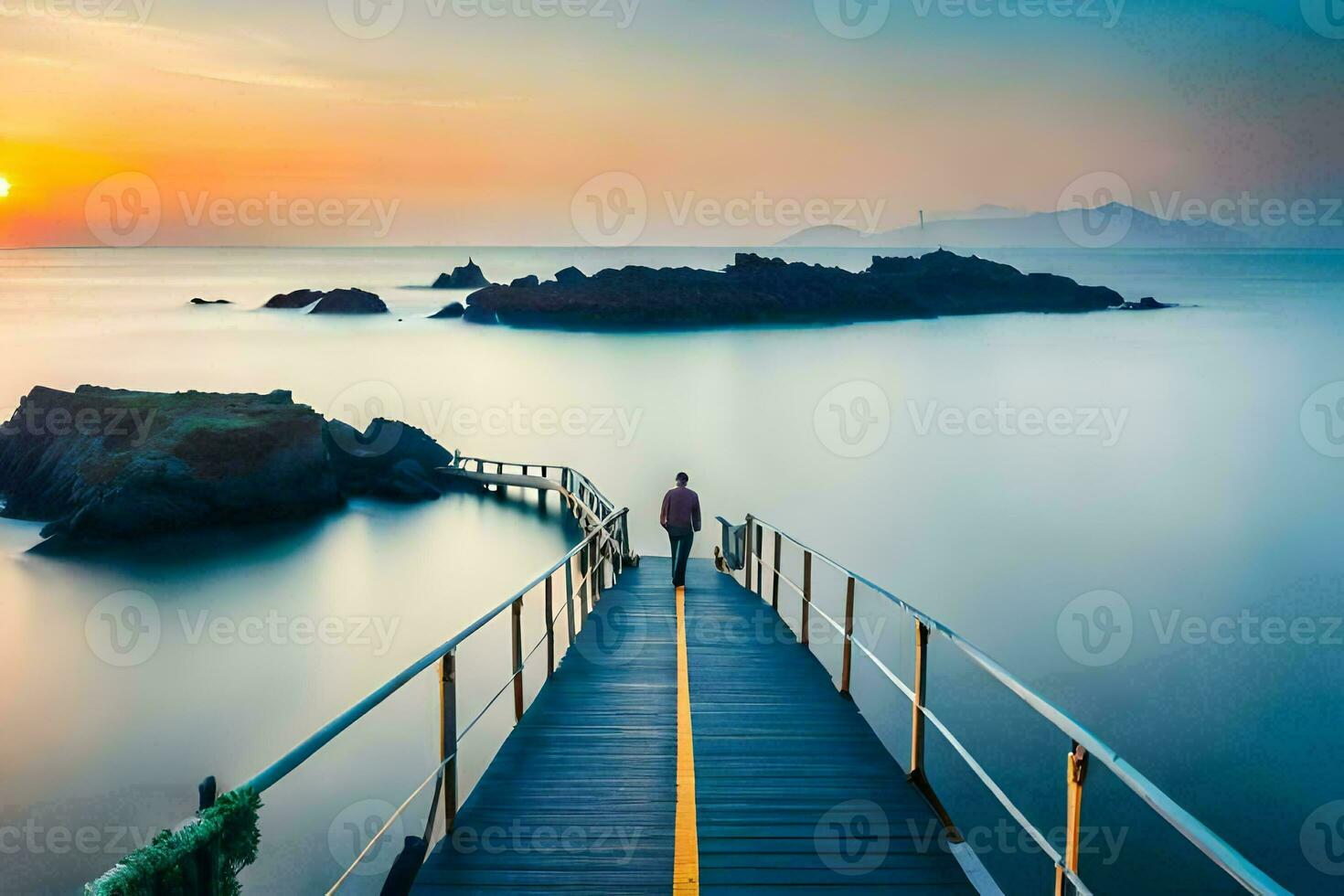 uma homem anda em ao longo uma de madeira ponte sobre a oceano. gerado por IA foto