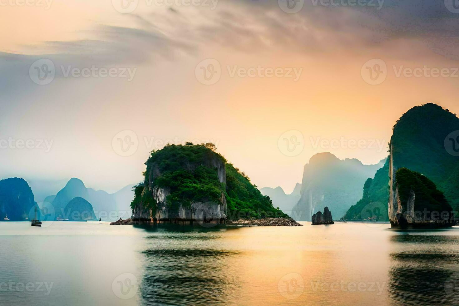 a nascer do sol sobre Halong baía, Vietnã. gerado por IA foto