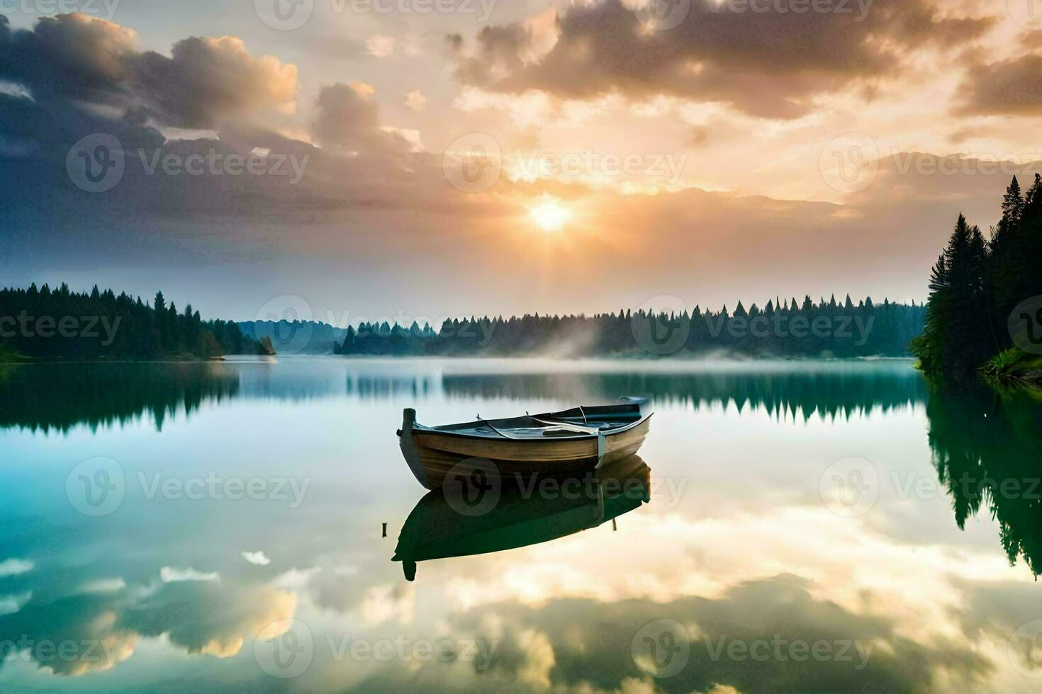 uma barco senta em a calma água às pôr do sol. gerado por IA foto