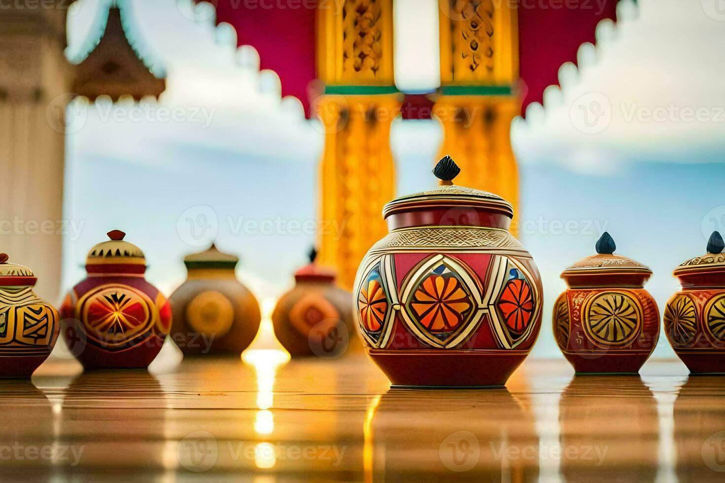 uma linha do colorida panelas em uma de madeira chão. gerado por IA foto