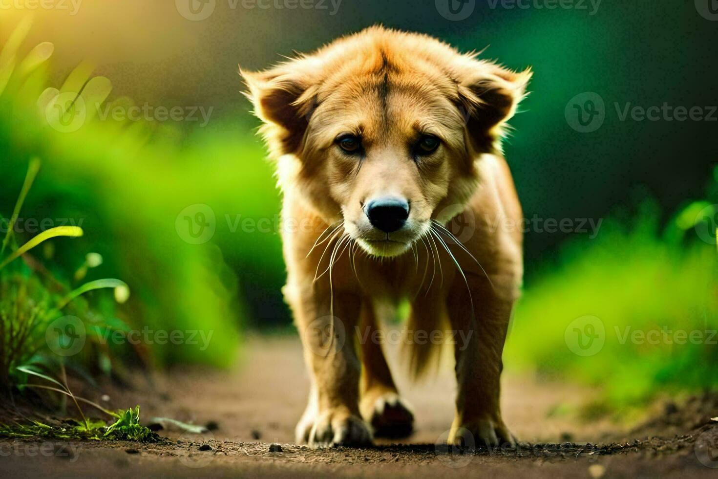 uma cachorro caminhando em uma sujeira estrada dentro a grama. gerado por IA foto